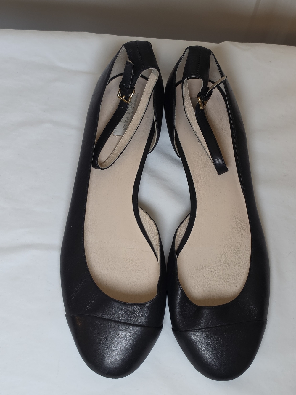 COLE HAAN GRAND.OS BLACK LEATHER ANKLE STRAP BALLET FLATS SIZE 10 WOMENS